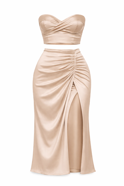 Champagne Satin 2-Piece Set — Strapless Crop Top & Ruched Slit Maxi Skirt